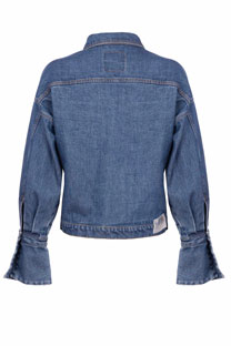 Ženska teksas jakna sa zvonastim rukavima i ukrasnim cvetom Tiffany Production