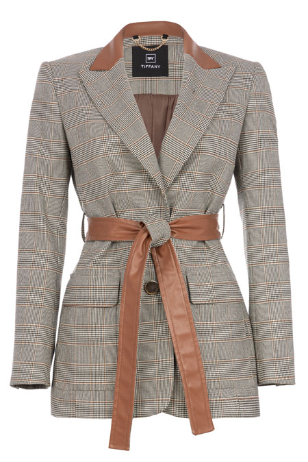 Tiffany Production Karirani sako sa kontrastnim pojasom i kragnom