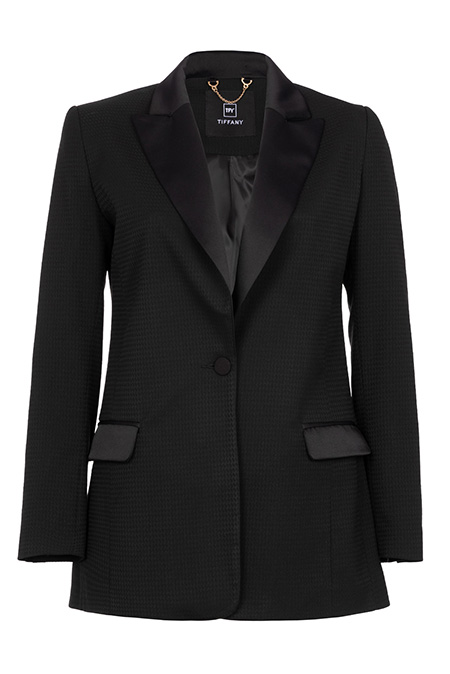 Ženski sako dugih rukava sa satenskom kragnom u karo dezenu Tiffany Production