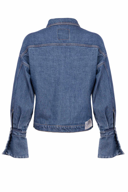 Ženska teksas jakna sa zvonastim rukavima i ukrasnim cvetom Tiffany Production