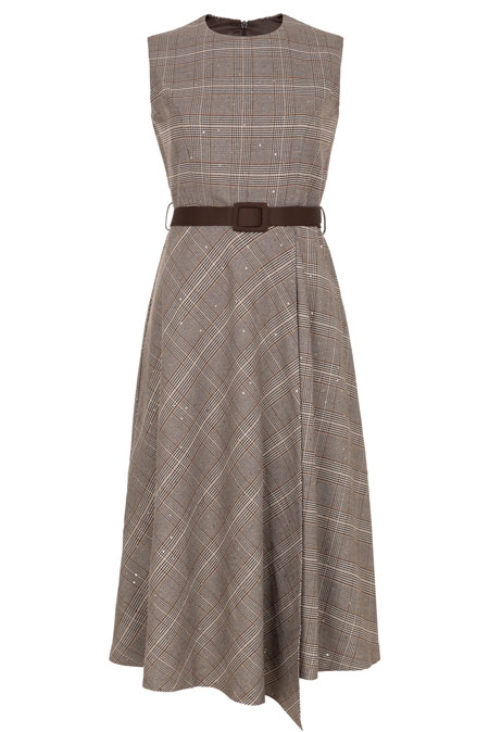 Asimetrična haljina od kariranog tvida sa kontrastnim kaišem Tiffany Production