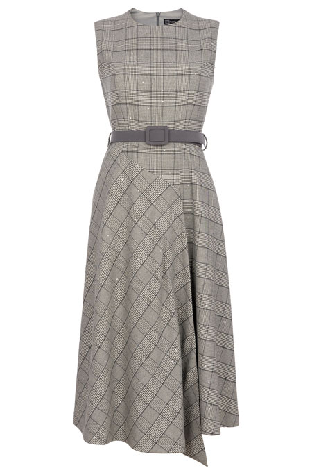 Tiffany Production Asimetrična haljina od kariranog tvida sa kontrastnim kaišem