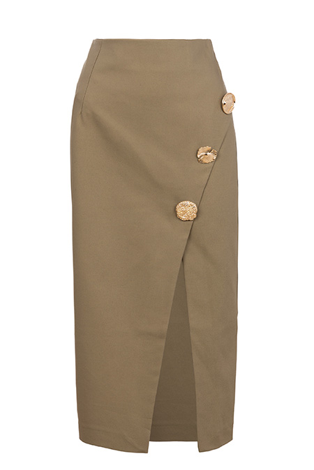 Elegantna midi suknja sa šlicem i ukrasnim dugmićima Tiffany Production