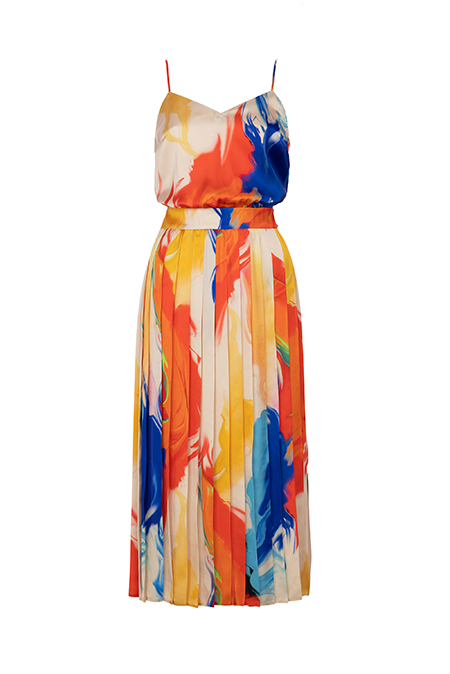 Plisirana midi haljina u neon dezenu Tiffany Production