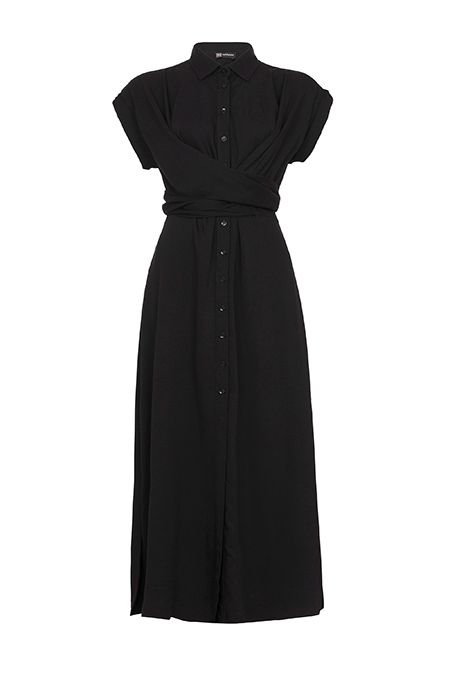 Midi haljina bez rukava sa kragnom i kaišem od iste tkanine na vezivanje Tiffany Production